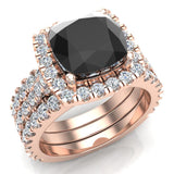 14K Gold Wedding Ring Set Cushion Black Diamond Halo Ring 3.85 ct-G,SI - Rose Gold