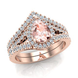 1.70 Ct Pear Cut Pink Morganite Halo Diamond Wedding Ring Set 14K Gold-I,I1 - Rose Gold