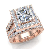 2.60 Ct Moissanite Asscher Cut Wedding Ring Set Halo Diamond Split Shank 14K Gold I1 - Rose Gold