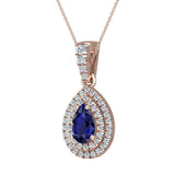 Pear Cut Sapphire Double Halo Diamond Necklace 14K Gold (G,I1) - Rose Gold