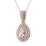 Pear Cut Pink Morganite Double Halo Diamond Necklace 14K Gold (I,I1) - Rose Gold