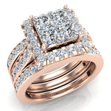 2.15 ct Princess Quad Halo Wedding Ring Set w/Enhancer Bands 14K Gold-I1 - Rose Gold