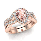 1.60 Ct Pink Morganite Criss Cross Diamond Halo Wedding Ring Set 14K Gold-I,I1 - Rose Gold