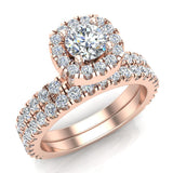 Wedding Ring Set for Women Cushion Halo Round Diamond 14K Gold-G,SI - Rose Gold