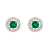 May Birthstone Natural Emerald Halo Stud Diamond Earrings 14K Gold - Rose Gold