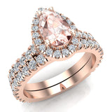 Pear Cut Pink Morganite Halo Wedding Ring Set 18K Gold-G,VS - Rose Gold