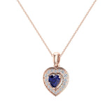 Dainty Blue Sapphire & Halo Diamond Heart Necklace 14K Gold ¾ ct - Rose Gold