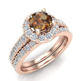 1.38 ct tw Champagne & White Round Diamond Cathedral Style Halo Engagement Ring Set 14K Gold (J,I1) - Rose Gold
