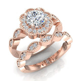 Classic Round Diamond Floral Halo Setting Wedding Ring Set 1.42 ctw 14K Gold-G,I1 - Rose Gold