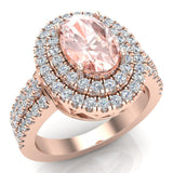 Oval Cut Morganite Double Halo Engagement Ring 14k Gold 2.65 ct-G,SI - Rose Gold