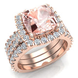 Wedding Ring Set Cushion cut Morganite Halo Ring 18K Gold 3.85 ct-G,VS - Rose Gold