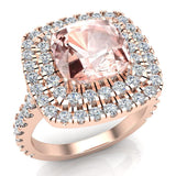 Cushion cut engagement rings women Morganite diamond halo 3 ctw VS - Rose Gold