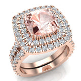 Cushion Morganite Double Halo Wedding Ring Set 14k Gold 3.80 ct-SI - Rose Gold