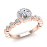 Round Halo Diamond Engagement Ring Stackable Milgrain Design 14K Gold 0.63 ct-SI - Rose Gold