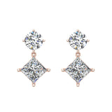 Round & Princess Drop Two stone Diamond Dangle Earrings 14K Gold-G,SI - Rose Gold