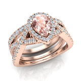 2.16 Ct Morganite Pear Cut Wedding Ring Set Criss Cross Halo Diamond Ring 14K Gold-I,I1 - Rose Gold