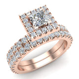 Princess Cut Wedding Ring Set Halo Style 14K Gold 1.55 ct-I,I1 - Rose Gold