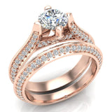 Micro Pave Solitaire Diamond Wedding Ring Set 18K Gold (G,VS) - Rose Gold