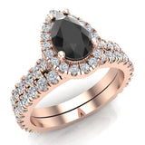 Pear Cut Black Diamond Halo Wedding Ring Set 14K Gold (G,SI) - Rose Gold