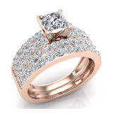 Two Row Princess Solitaire Diamond Engagement Ring Set 14K Gold-G,SI - Rose Gold
