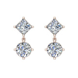 Princess & Round Drop Two stone Diamond Dangle Earrings 14K Gold-G,SI - Rose Gold