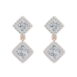 Bridal Princess Halo Diamond Dangle Earrings Kite Pattern 18K Gold 1.93 ct-G,VS - Rose Gold