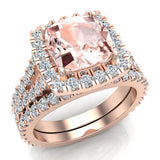 Cushion Cut Pink Morganite Halo Engagement Ring Set 14K Gold-I,I1 - Rose Gold