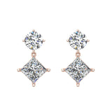 Round & Princess Drop Two stone Diamond Dangle Earrings 18K Gold-G,VS - Rose Gold