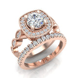 Crescent Wave Shank Round Diamond Cushion Halo Wedding Ring w Band 1.46 ctw 14K Gold (I,I1) - Rose Gold
