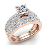 Two Row Princess Solitaire Diamond Engagement Ring Set 18K Gold-G,VS - Rose Gold