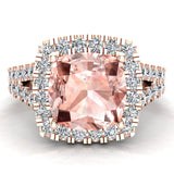 Cushion Cut Pink Morganite Halo Engagement Ring 14K Gold (I,I1) - Rose Gold