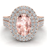 Oval Cut Morganite Double Halo Engagement Ring 14k Gold 2.65 ct-G,SI - Rose Gold