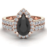 Pear Cut Black Diamond Halo Wedding Ring Set 14K Gold (I,I1) - Rose Gold