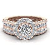 Diamond Wedding Ring Set Round Halo Rings 8-prongs 14K Gold 1.15 ct-G,SI - Rose Gold