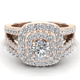 14k Gold Cushion Shape Wedding Rings Set Double Halo Style 1.10 ctw-F,VS - Rose Gold