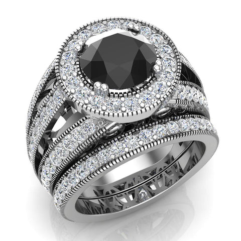 Black Diamond Wedding Ring Set 14K Gold Halo Rings 3.95 ct-G,SI - White Gold