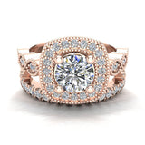 Crescent Wave Shank Round Diamond Cushion Halo Wedding Ring w Band 1.46 ctw 18K Gold (G,SI) - Rose Gold
