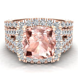 Cushion Cut Pink Morganite Halo Engagement Ring Set 14K Gold-I,I1 - Rose Gold