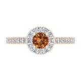 1.00 ct tw Champagne & White Round Diamond Cathedral Style Halo Engagement Ring 14K Gold Glitz Design (J,I1) - Rose Gold