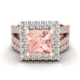 Pink Morganite Asscher Cut Wedding Ring Set Halo Style 14K Gold-I,I1 - Rose Gold
