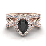 Pear Cut Black Wedding Ring Set Criss Cross Halo Style 14K Gold-I,I1 - Rose Gold