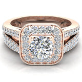 Diamond Wedding Set Round Cushion Halo Ring Split Shank 1.25 ct-G,SI - Rose Gold