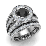 Black Diamond Wedding Ring Set 14K Gold Halo Rings 3.20 ct-I,I1 - White Gold