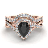 1.60 Ct Pear Black Diamond Criss Cross Diamond Halo Wedding Ring Set 14K Gold I1 - Rose Gold