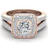 Diamond Wedding Set Round Cushion Halo Ring Split Shank 1.25 ct-H,SI - Rose Gold