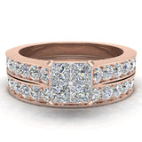 1.00 Ct Four Quad Princess Cut  Diamond Cathedral Accent Wedding Ring Set 14K Gold - Rose Gold