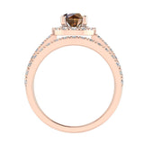 1.38 ct tw Champagne & White Round Diamond Cathedral Style Halo Engagement Ring Set 14K Gold (J,I1) - Rose Gold