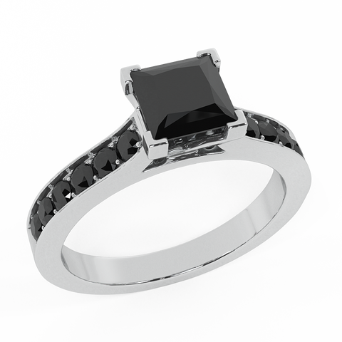 Princess Cut 14K Gold Black Diamond Engagement Ring for Women - White Gold