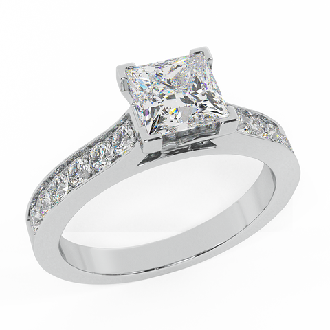Princess Cut with Accent Diamonds in Cathedral Style Ring 14k Gold-I,I1 - White Gold