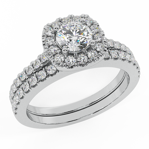 Wedding Ring Set Round diamond Cushion halo 14K Gold 1 ct-H,SI - White Gold